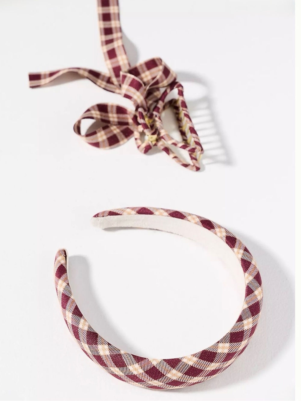 Anthropologie Burgundy Plaid Headband and Claw Clip Set